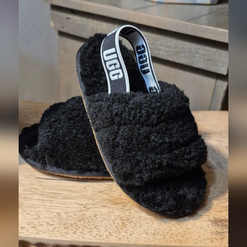 UGG Black Fluffy Slippers